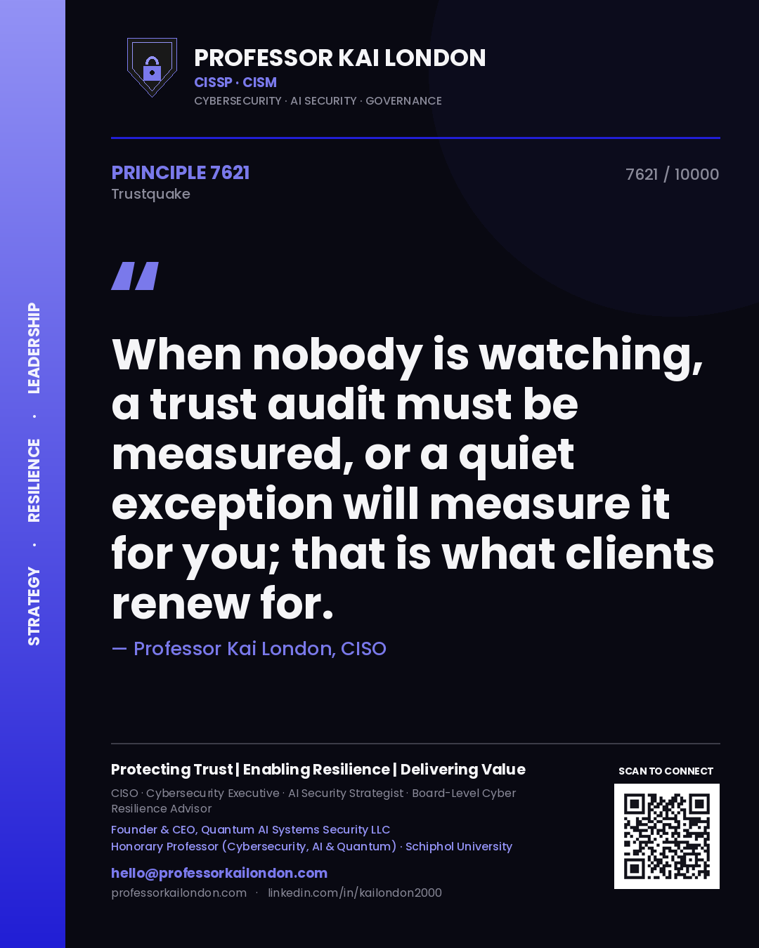 Quote card by Professor Kai London reading 'When nobody is watching, a trust audit must be measured, or a quiet exception will measure it for you; that is what clients renew for.'. From the book Trustquake.