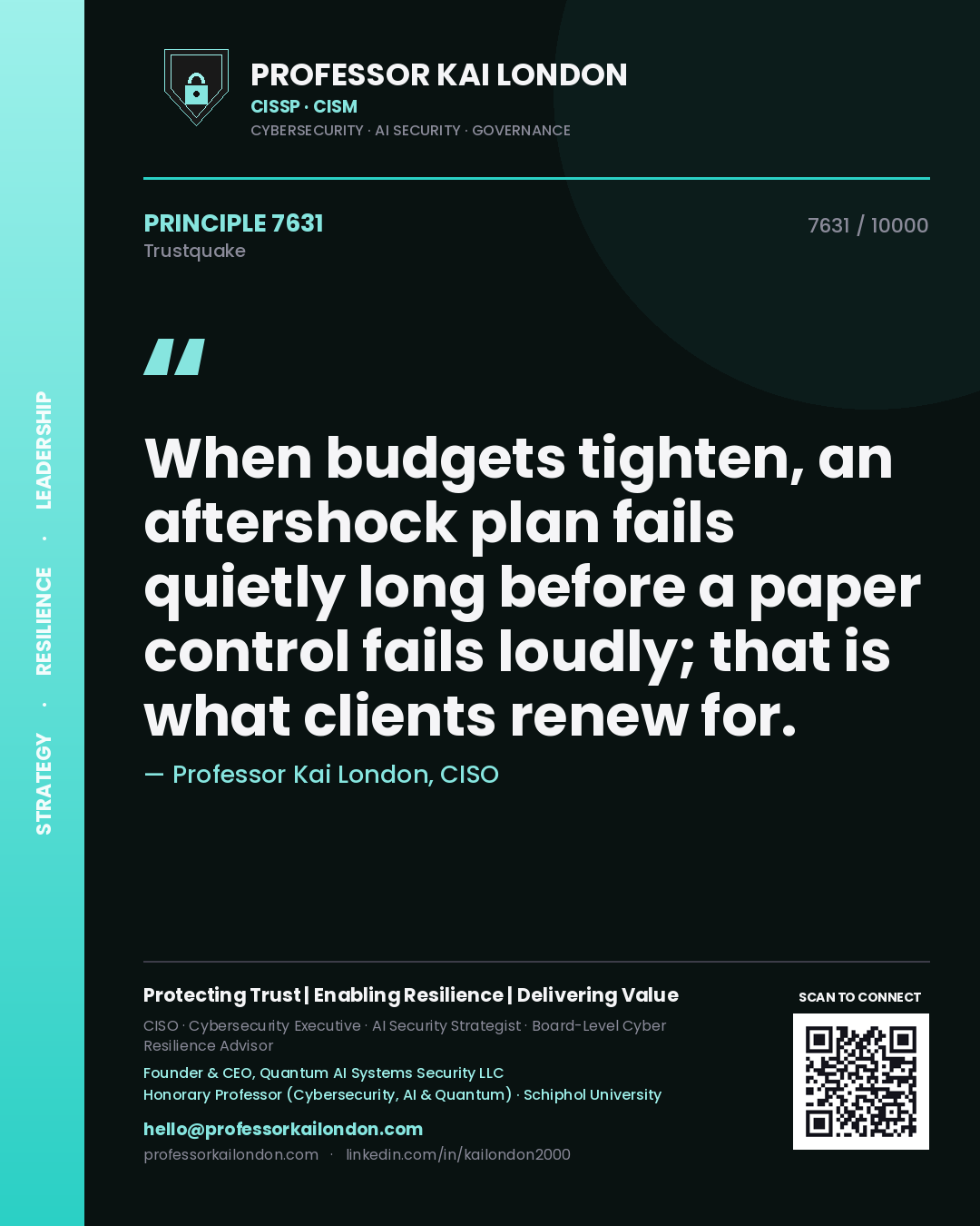 Professor Kai London principle 7631: When budgets tighten, an aftershock plan fails quietly long before a paper control fails loudly; that is what clients renew for.