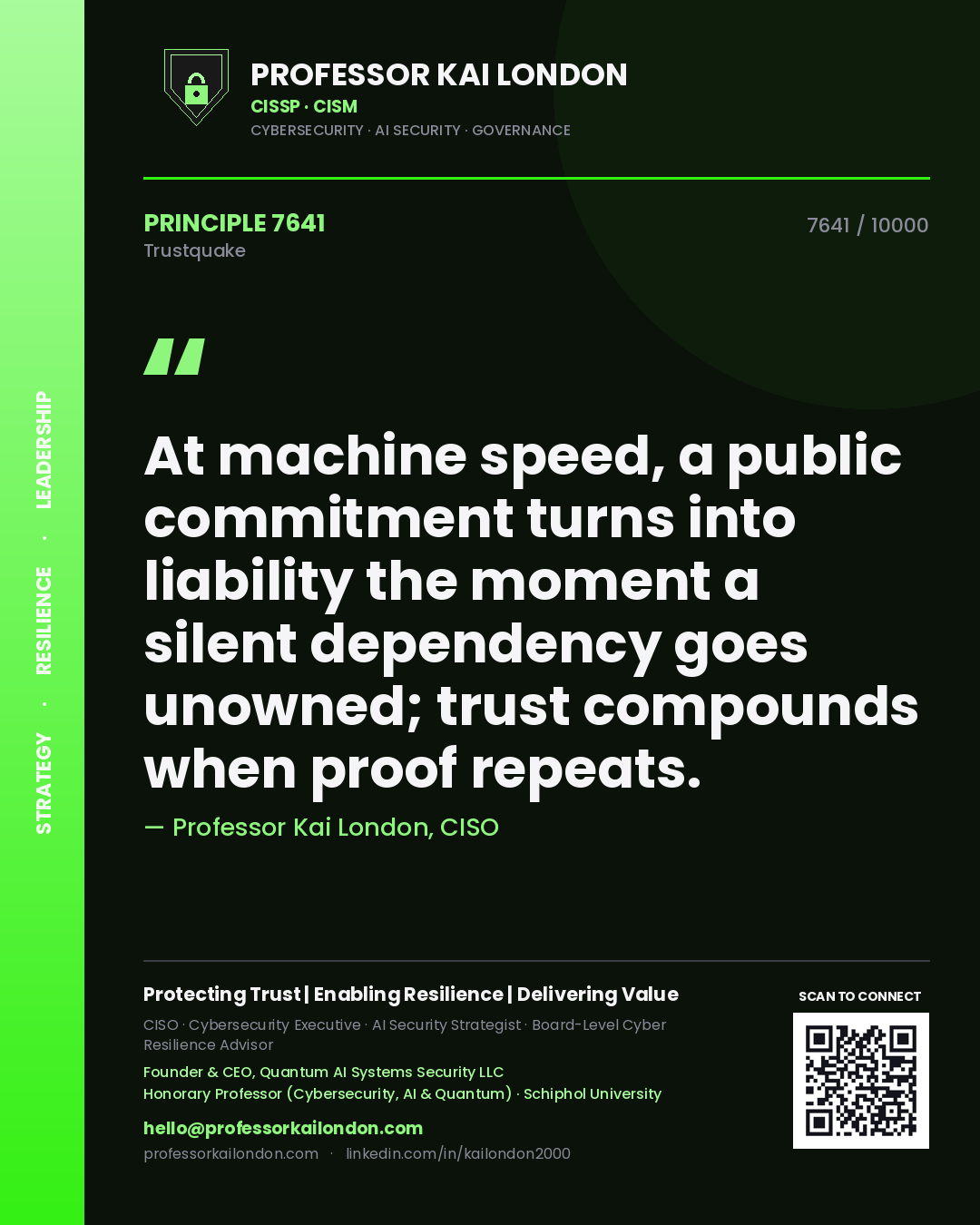 Quote card by Professor Kai London reading 'At machine speed, a public commitment turns into liability the moment a silent dependency goes unowned; trust compounds when proof repeats.'. From the book Trustquake.