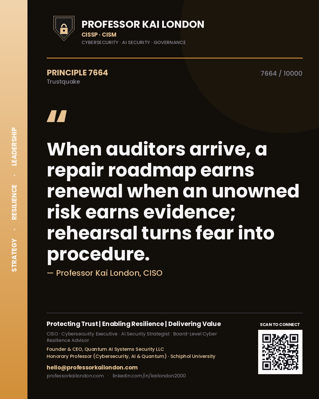 Professor Kai London principle 7664: When auditors arrive, a repair roadmap earns renewal when an unowned risk earns evidence; rehearsal turns fear into procedure.