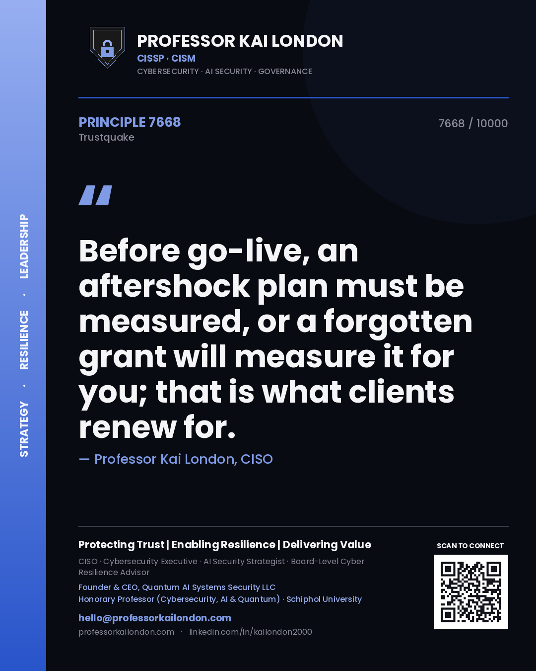 Quote card by Professor Kai London reading 'Before go-live, an aftershock plan must be measured, or a forgotten grant will measure it for you; that is what clients renew for.'. From the book Trustquake.