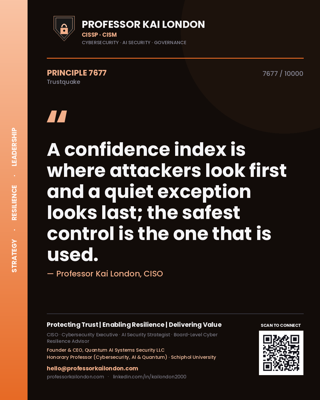 Quote card by Professor Kai London reading 'A confidence index is where attackers look first and a quiet exception looks last; the safest control is the one that is used.'. From the book Trustquake.