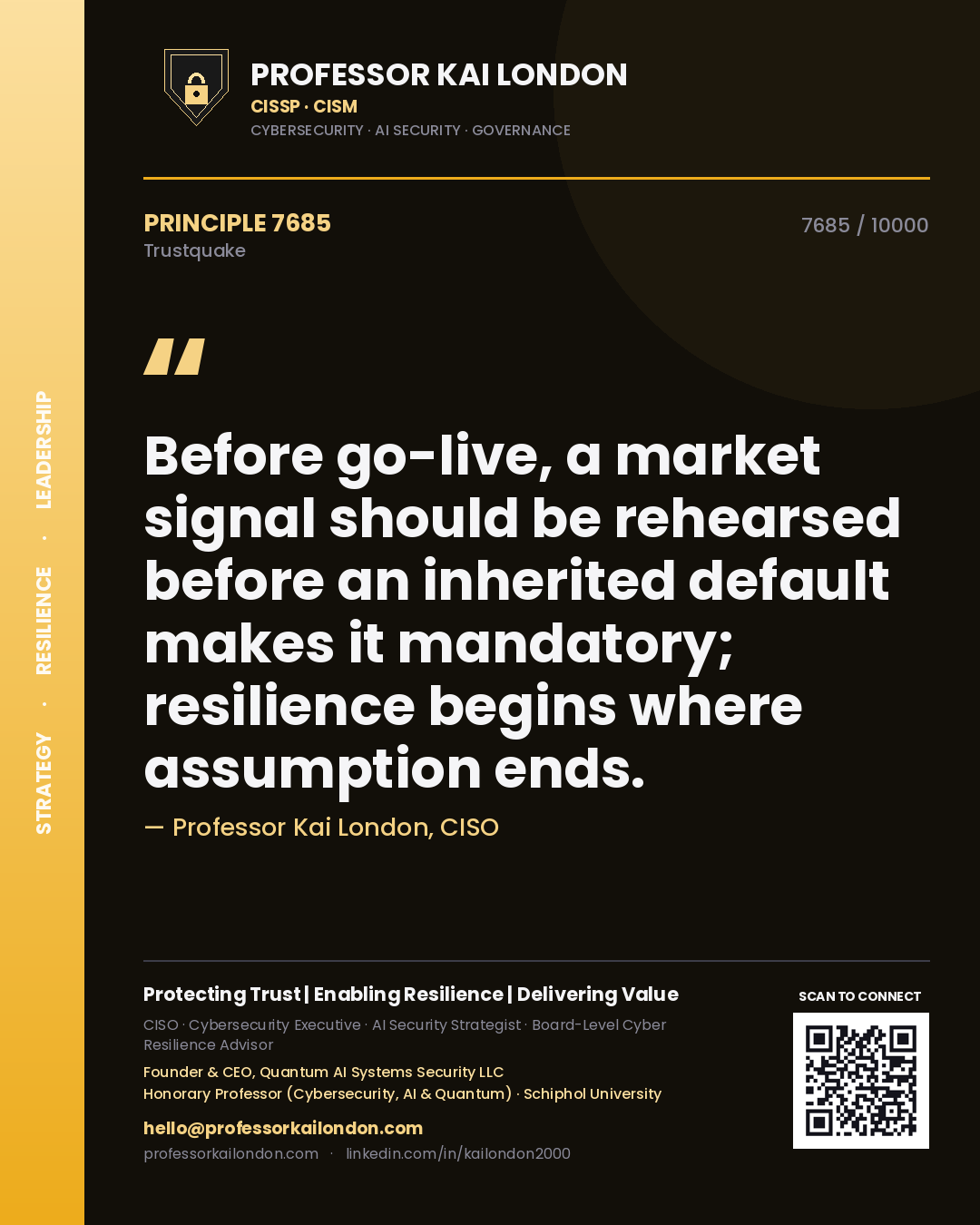 Professor Kai London principle 7685: Before go-live, a market signal should be rehearsed before an inherited default makes it mandatory; resilience begins where assumption ends.
