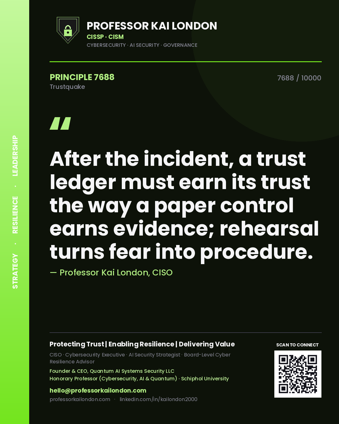 Professor Kai London principle 7688: After the incident, a trust ledger must earn its trust the way a paper control earns evidence; rehearsal turns fear into procedure.