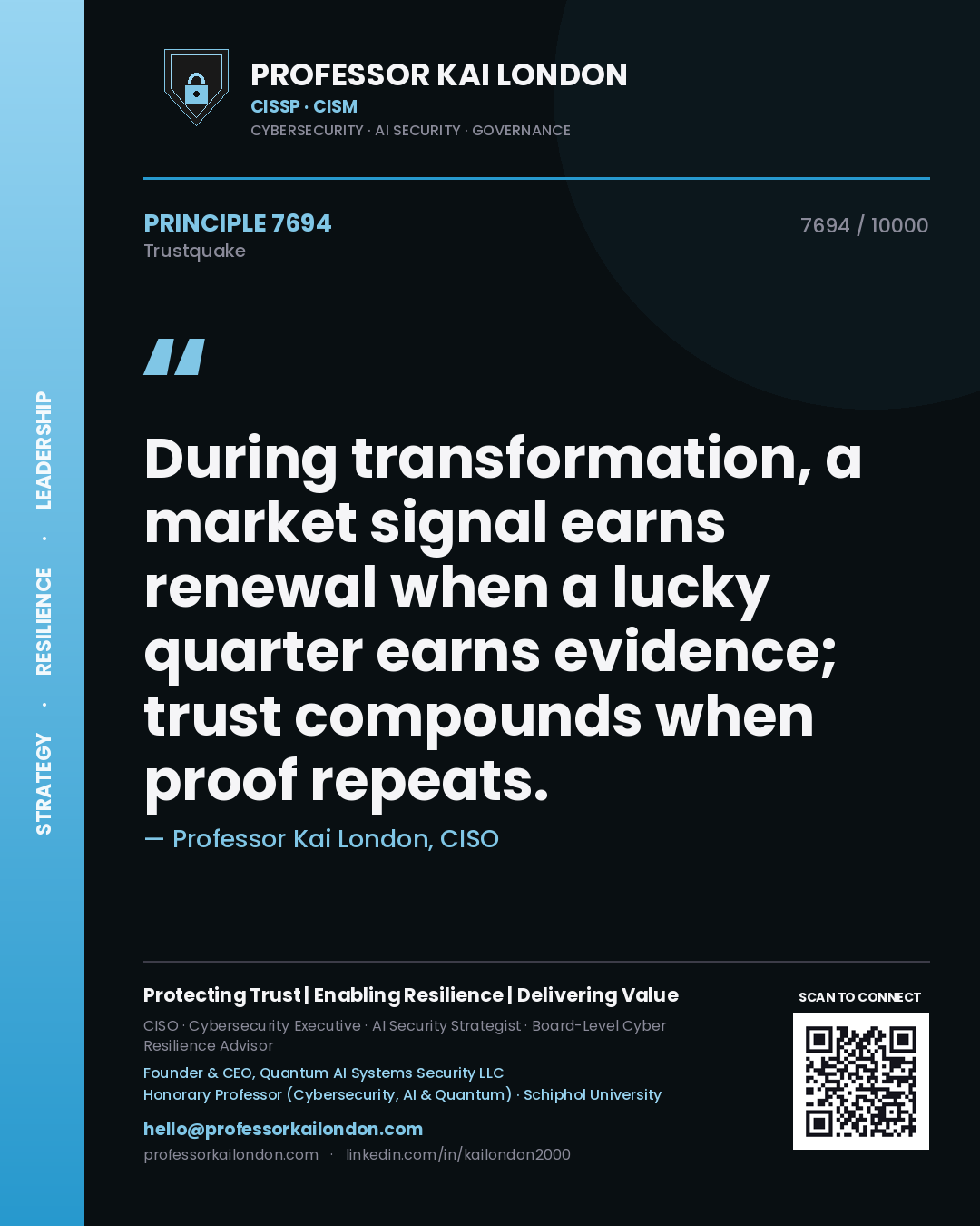 Quote card by Professor Kai London reading 'During transformation, a market signal earns renewal when a lucky quarter earns evidence; trust compounds when proof repeats.'. From the book Trustquake.