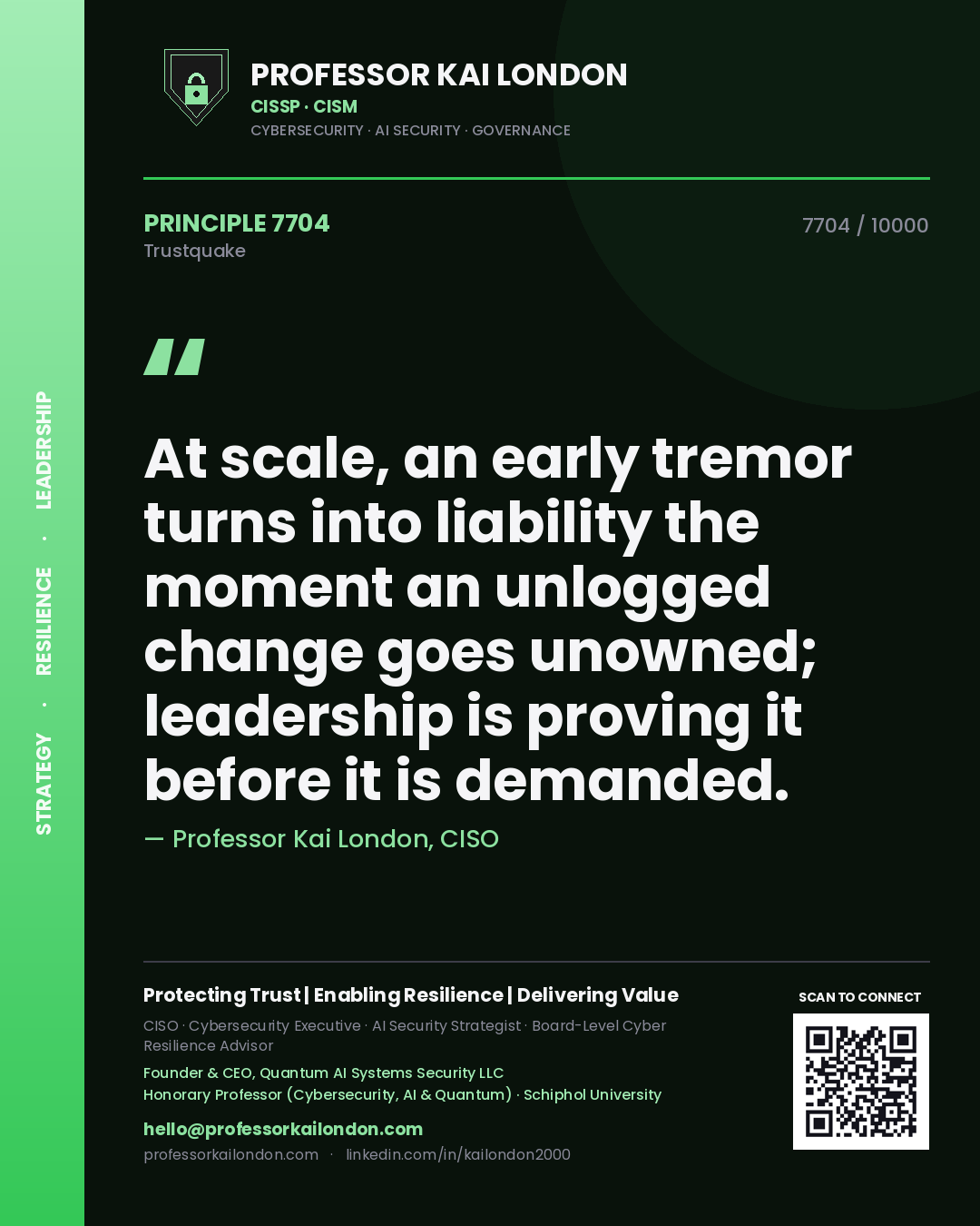 Professor Kai London principle 7704: At scale, an early tremor turns into liability the moment an unlogged change goes unowned; leadership is proving it before it is demanded.