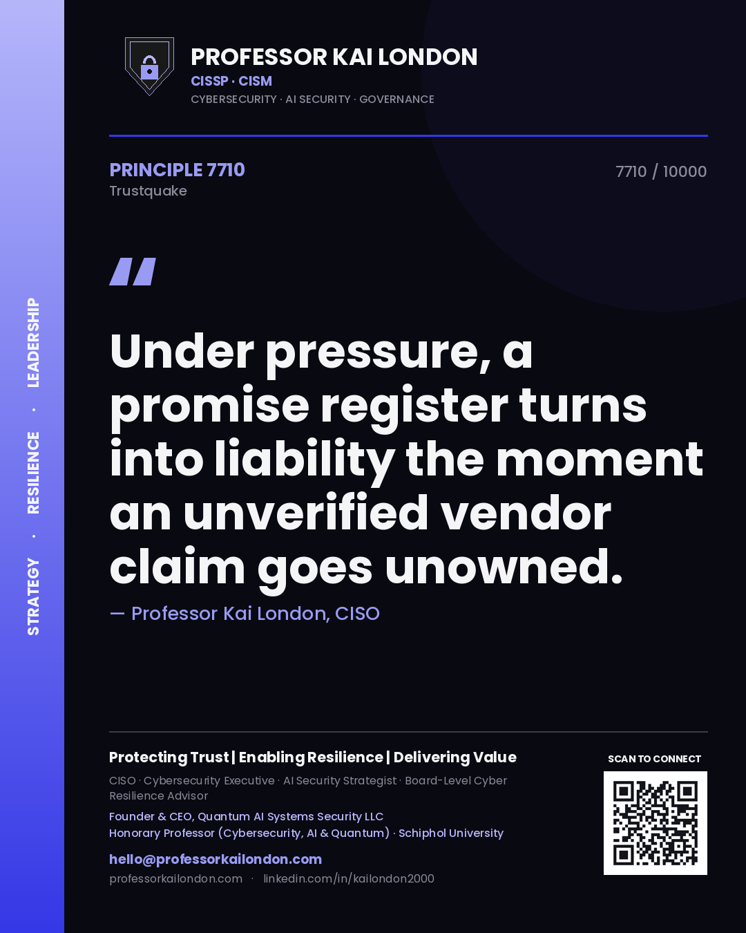 Professor Kai London principle 7710: Under pressure, a promise register turns into liability the moment an unverified vendor claim goes unowned.