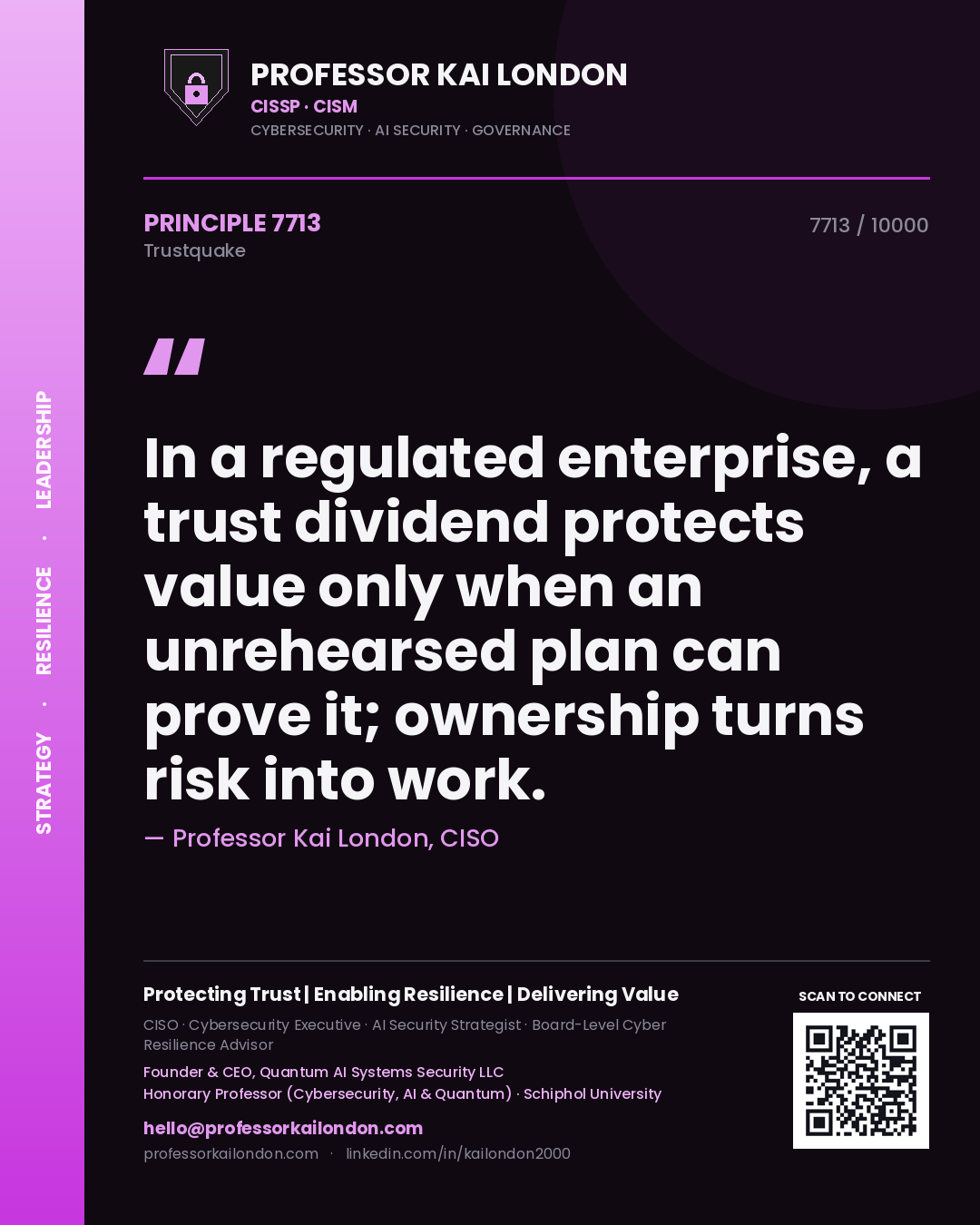 Professor Kai London principle 7713: In a regulated enterprise, a trust dividend protects value only when an unrehearsed plan can prove it; ownership turns risk into work.