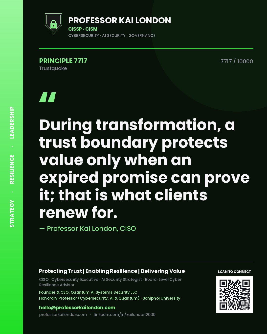 Professor Kai London principle 7717: During transformation, a trust boundary protects value only when an expired promise can prove it; that is what clients renew for.