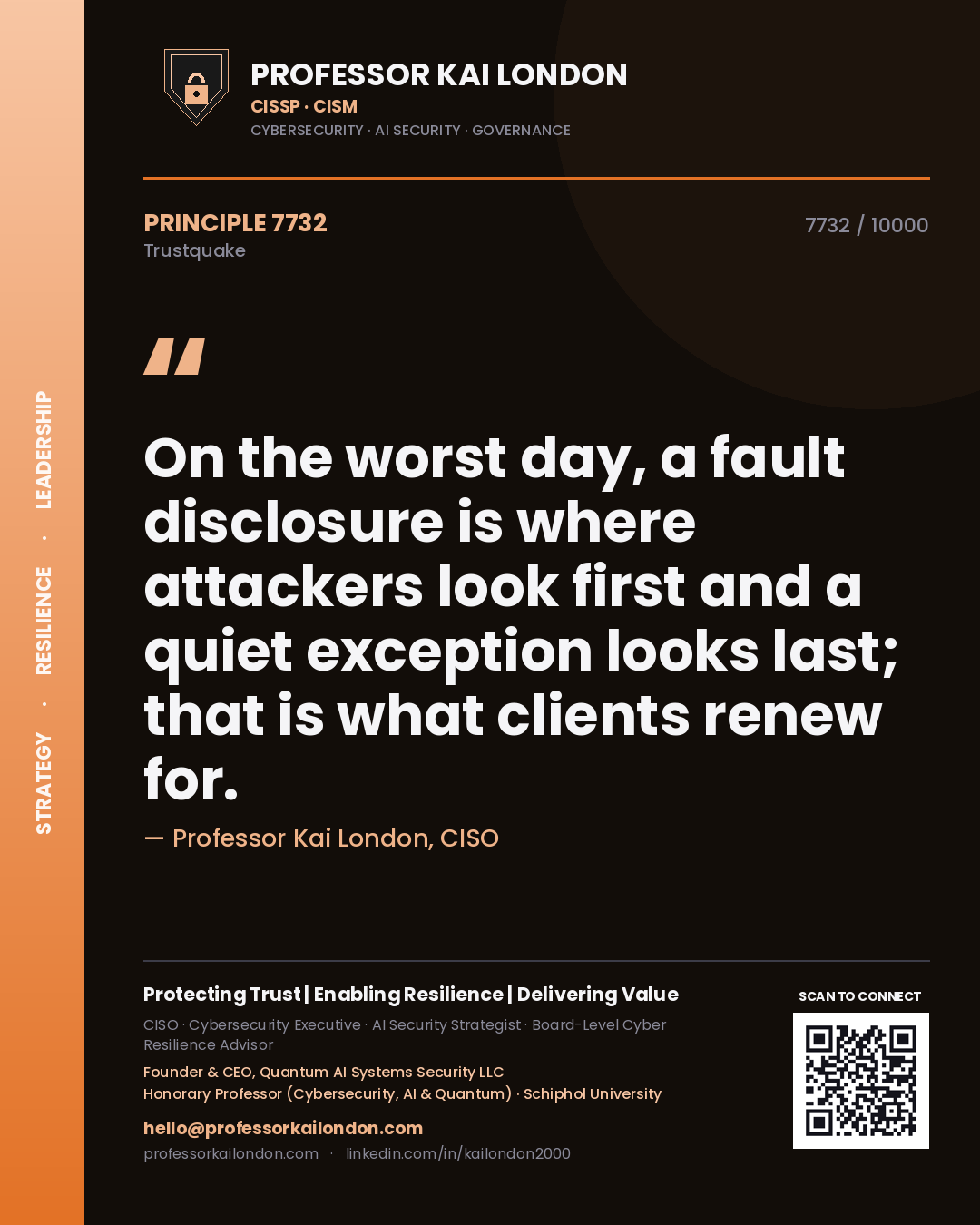 Professor Kai London principle 7732: On the worst day, a fault disclosure is where attackers look first and a quiet exception looks last; that is what clients renew for.