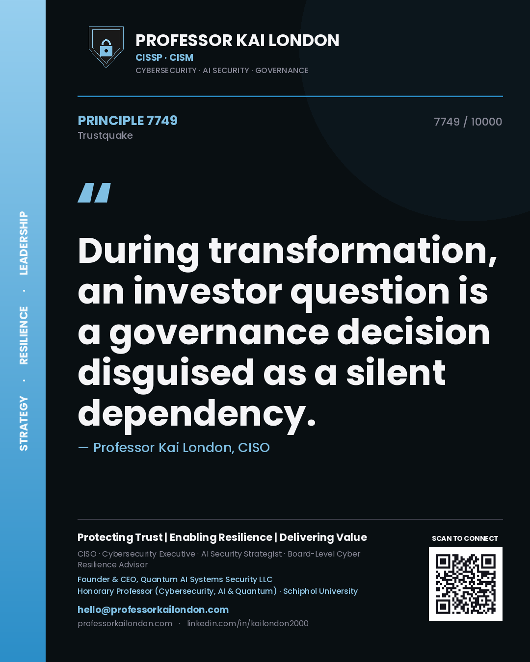 Quote card by Professor Kai London reading 'During transformation, an investor question is a governance decision disguised as a silent dependency.'. From the book Trustquake.