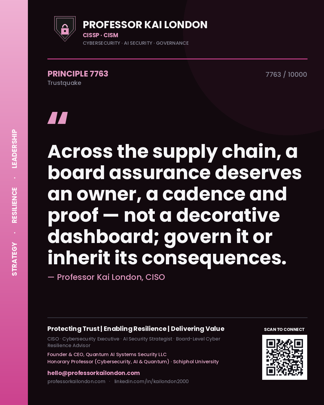 Quote card by Professor Kai London reading 'Across the supply chain, a board assurance deserves an owner, a cadence and proof — not a decorative dashboard; govern it or inherit its consequences.'. From the book Trustquake.