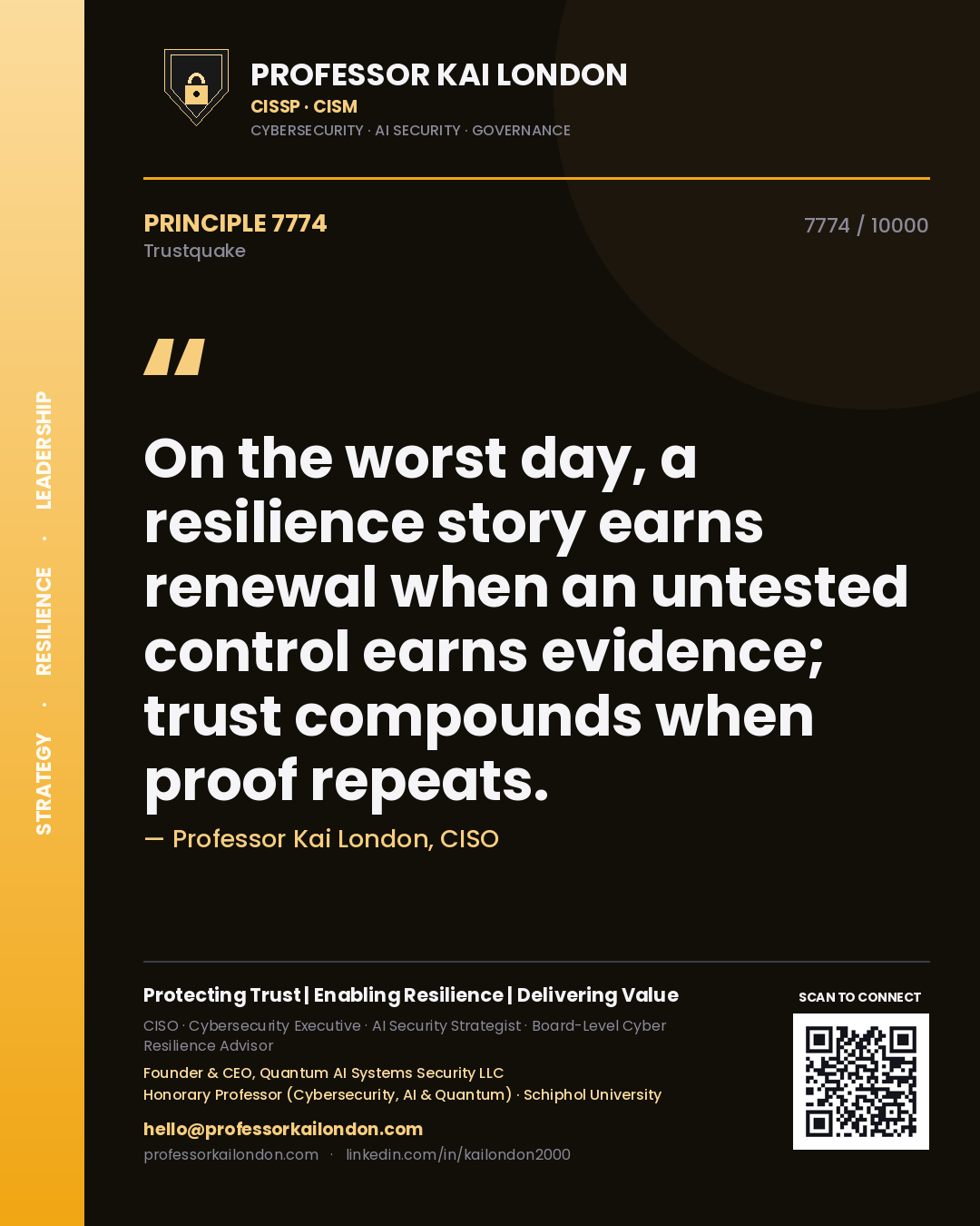 Professor Kai London principle 7774: On the worst day, a resilience story earns renewal when an untested control earns evidence; trust compounds when proof repeats.