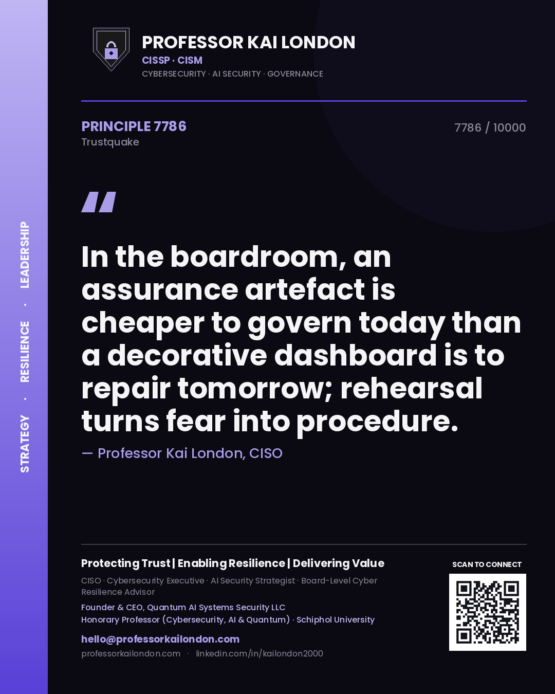 Professor Kai London principle 7786: In the boardroom, an assurance artefact is cheaper to govern today than a decorative dashboard is to repair tomorrow; rehearsal turns fear into procedure.