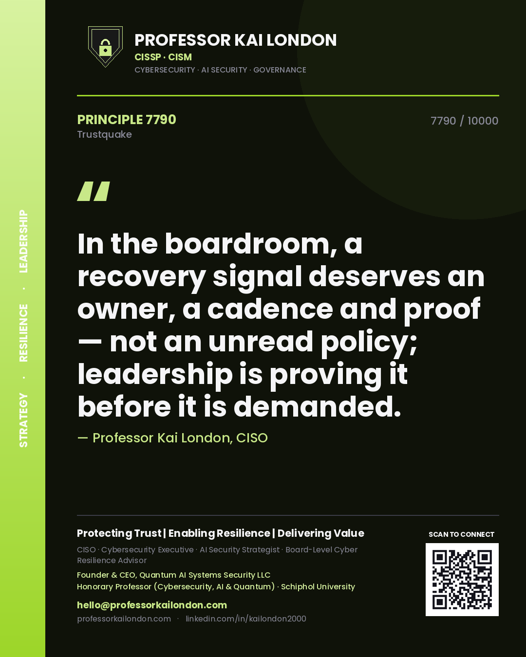 Professor Kai London principle 7790: In the boardroom, a recovery signal deserves an owner, a cadence and proof — not an unread policy; leadership is proving it before it is demanded.