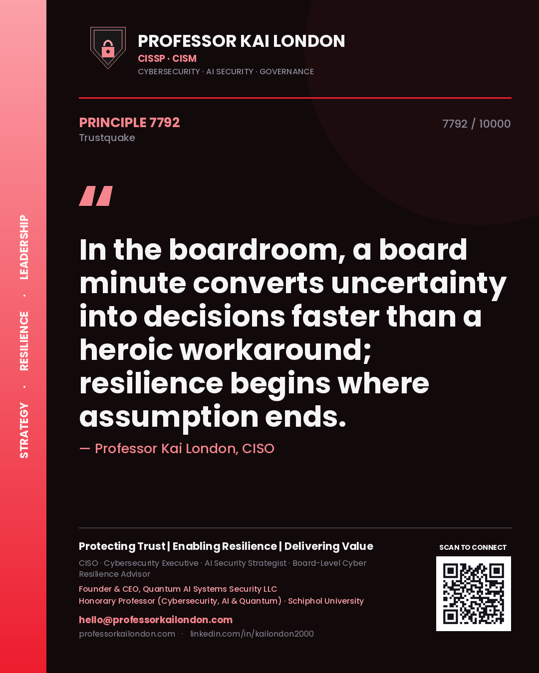 Professor Kai London principle 7792: In the boardroom, a board minute converts uncertainty into decisions faster than a heroic workaround; resilience begins where assumption ends.