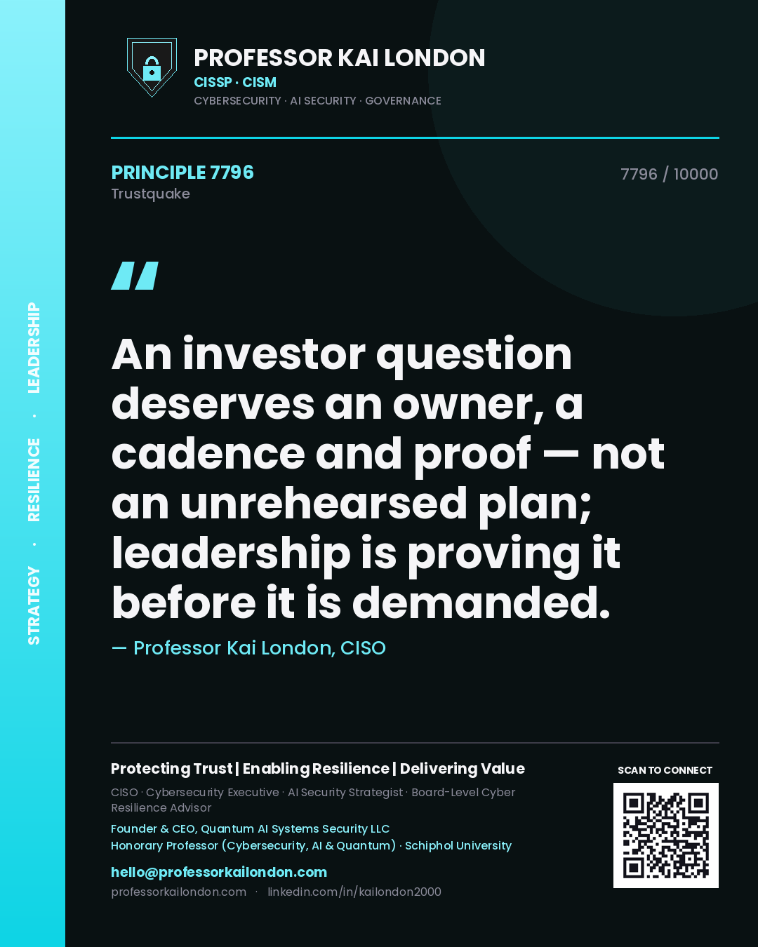 Professor Kai London principle 7796: An investor question deserves an owner, a cadence and proof — not an unrehearsed plan; leadership is proving it before it is demanded.