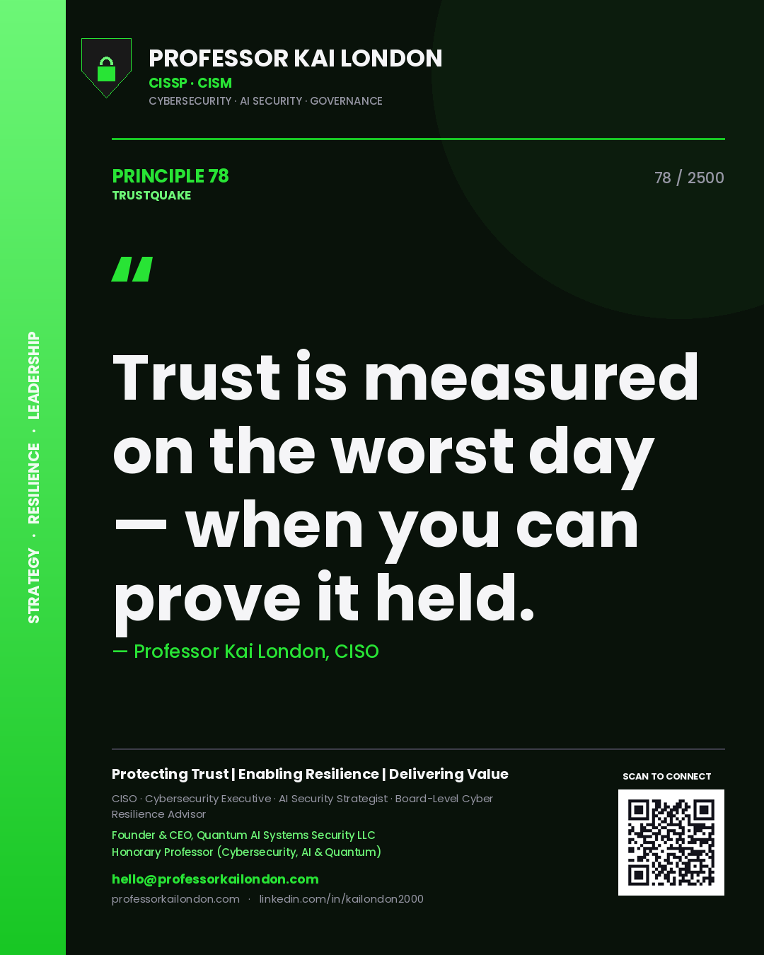 Quote card by Professor Kai London reading 'Trust is measured on the worst day — when you can prove it held.'. From the book Trustquake.