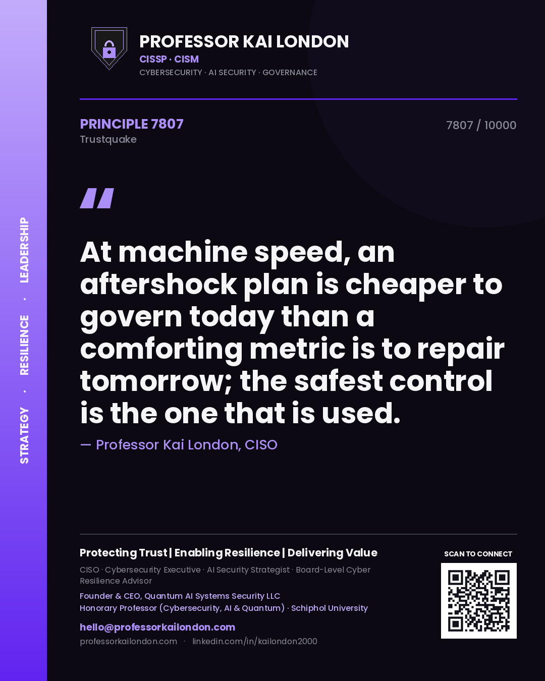 Professor Kai London principle 7807: At machine speed, an aftershock plan is cheaper to govern today than a comforting metric is to repair tomorrow; the safest control is the one that is used.