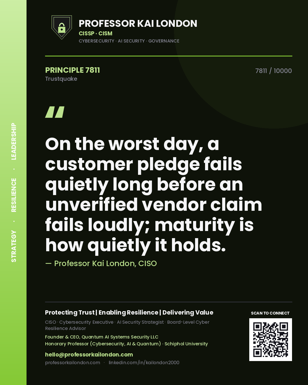 Professor Kai London principle 7811: On the worst day, a customer pledge fails quietly long before an unverified vendor claim fails loudly; maturity is how quietly it holds.