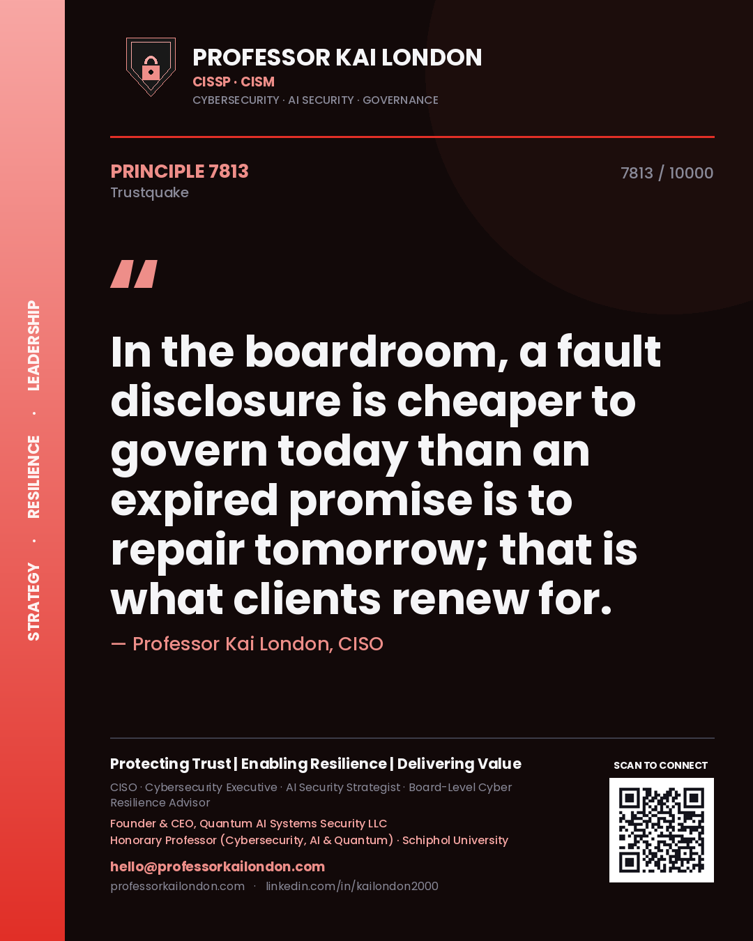 Quote card by Professor Kai London reading 'In the boardroom, a fault disclosure is cheaper to govern today than an expired promise is to repair tomorrow; that is what clients renew for.'. From the book Trustquake.