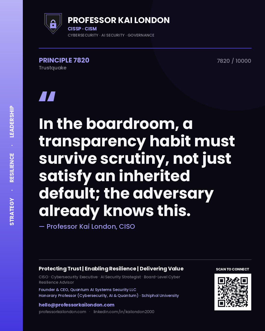 Professor Kai London principle 7820: In the boardroom, a transparency habit must survive scrutiny, not just satisfy an inherited default; the adversary already knows this.