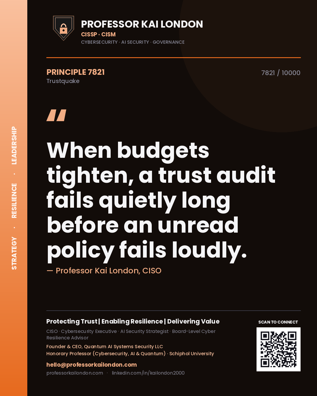 Professor Kai London principle 7821: When budgets tighten, a trust audit fails quietly long before an unread policy fails loudly.