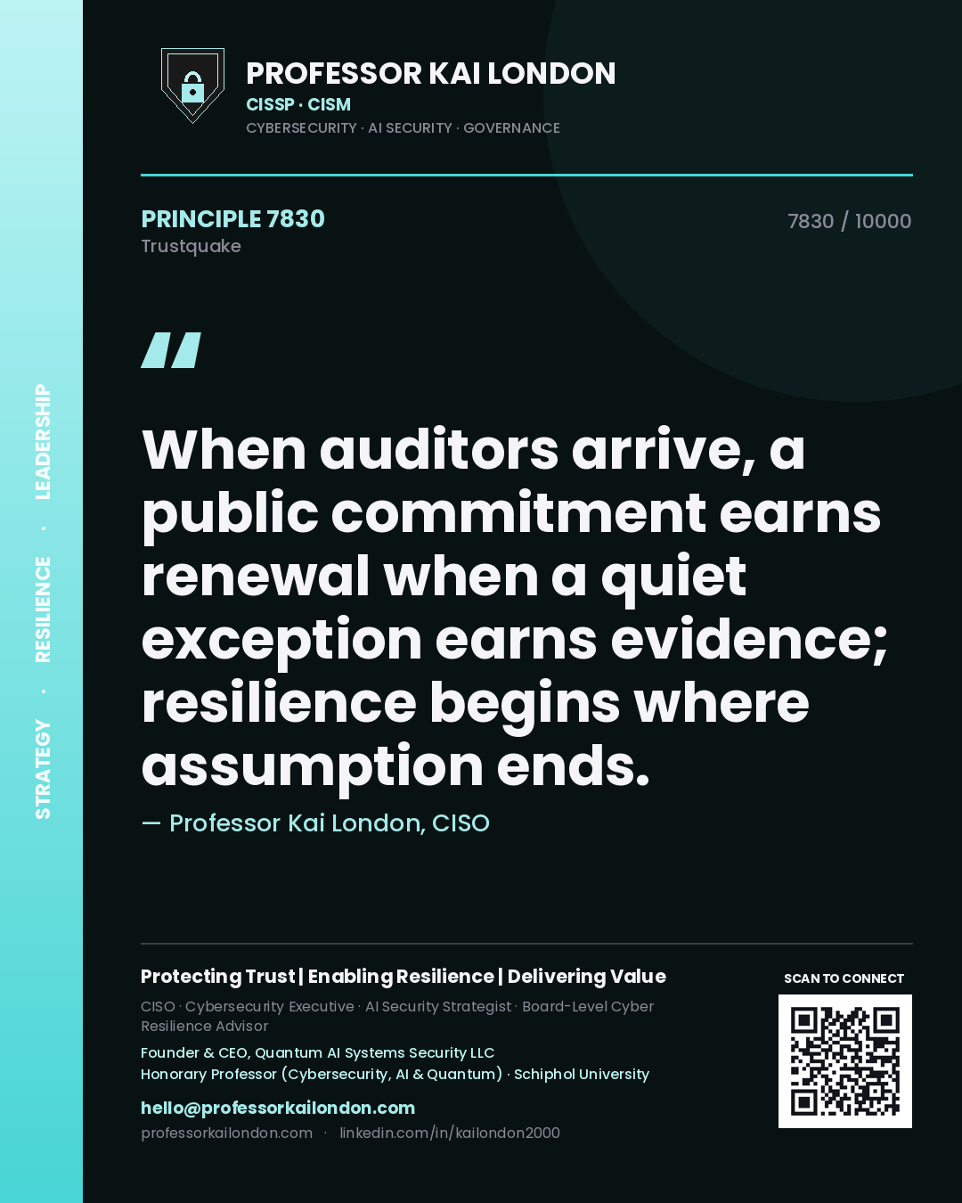 Professor Kai London principle 7830: When auditors arrive, a public commitment earns renewal when a quiet exception earns evidence; resilience begins where assumption ends.