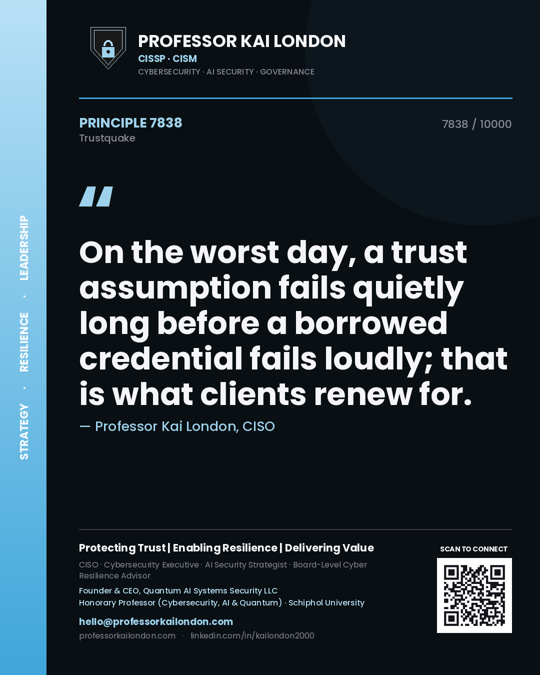 Professor Kai London principle 7838: On the worst day, a trust assumption fails quietly long before a borrowed credential fails loudly; that is what clients renew for.