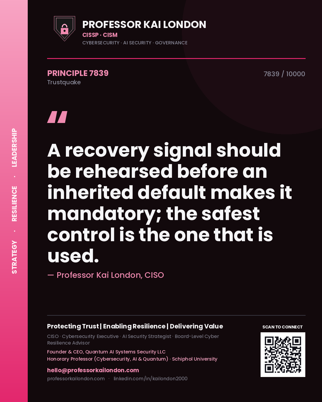 Quote card by Professor Kai London reading 'A recovery signal should be rehearsed before an inherited default makes it mandatory; the safest control is the one that is used.'. From the book Trustquake.