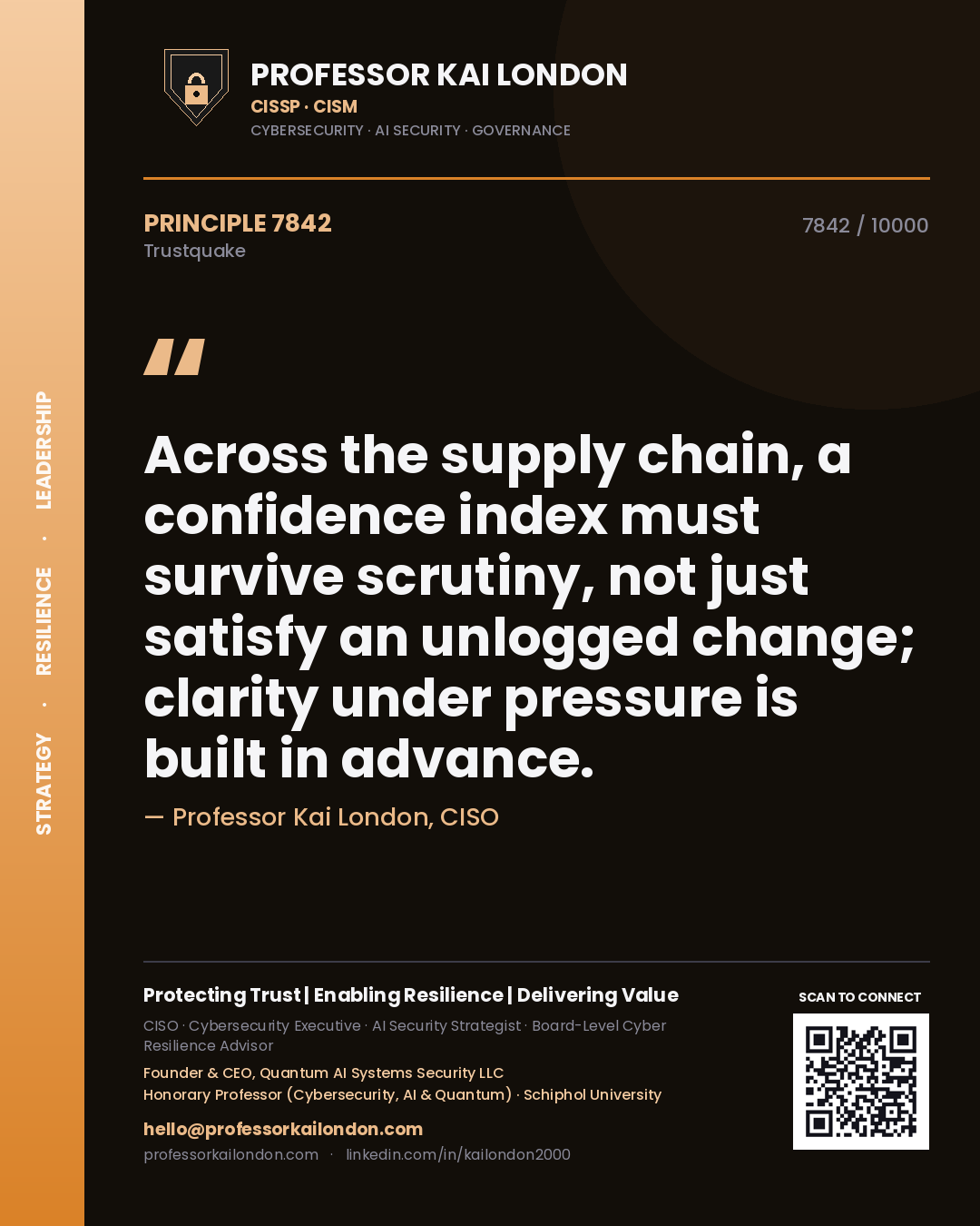 Professor Kai London principle 7842: Across the supply chain, a confidence index must survive scrutiny, not just satisfy an unlogged change; clarity under pressure is built in advance.