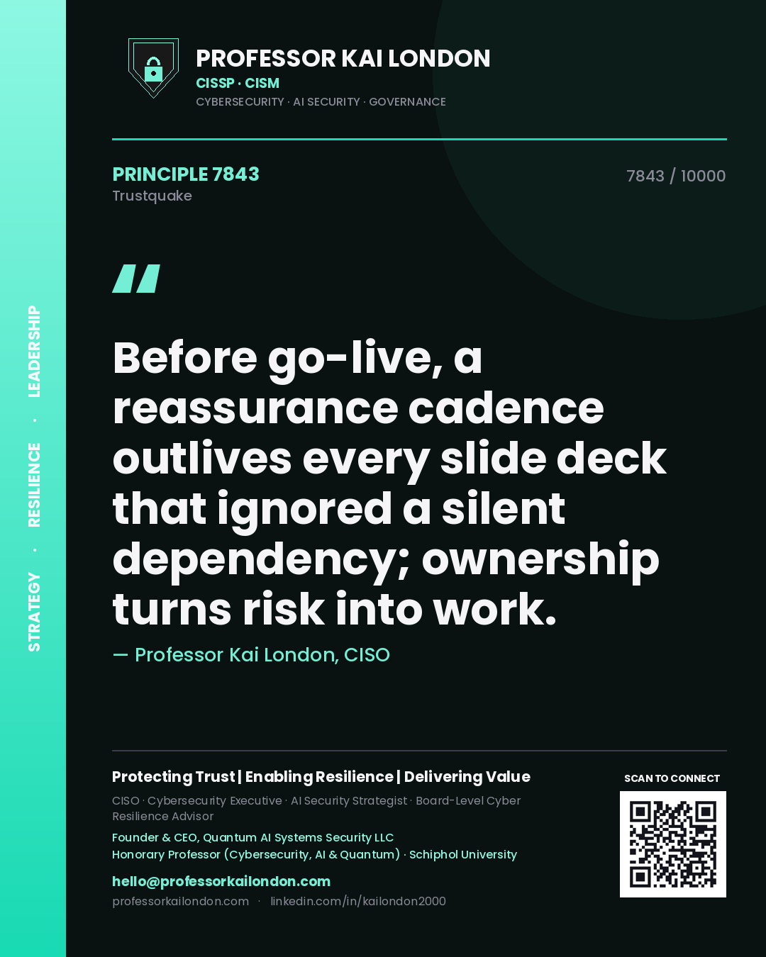 Professor Kai London principle 7843: Before go-live, a reassurance cadence outlives every slide deck that ignored a silent dependency; ownership turns risk into work.