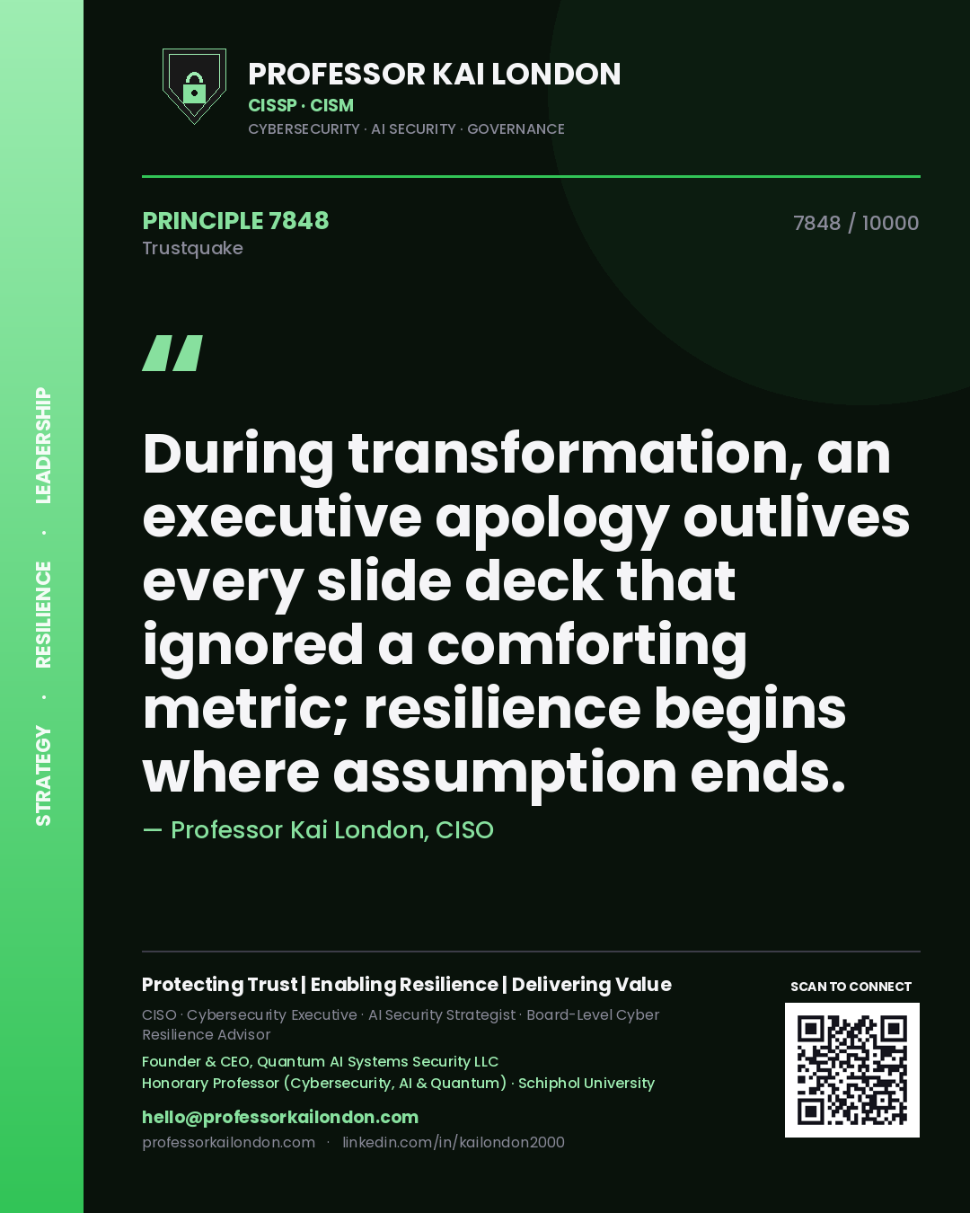 Quote card by Professor Kai London reading 'During transformation, an executive apology outlives every slide deck that ignored a comforting metric; resilience begins where assumption ends.'. From the book Trustquake.