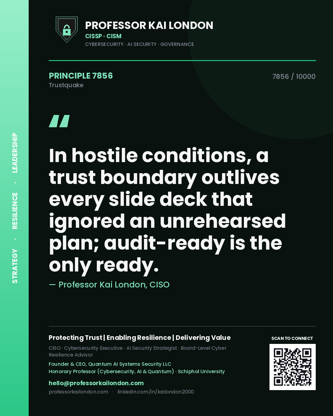 Professor Kai London principle 7856: In hostile conditions, a trust boundary outlives every slide deck that ignored an unrehearsed plan; audit-ready is the only ready.