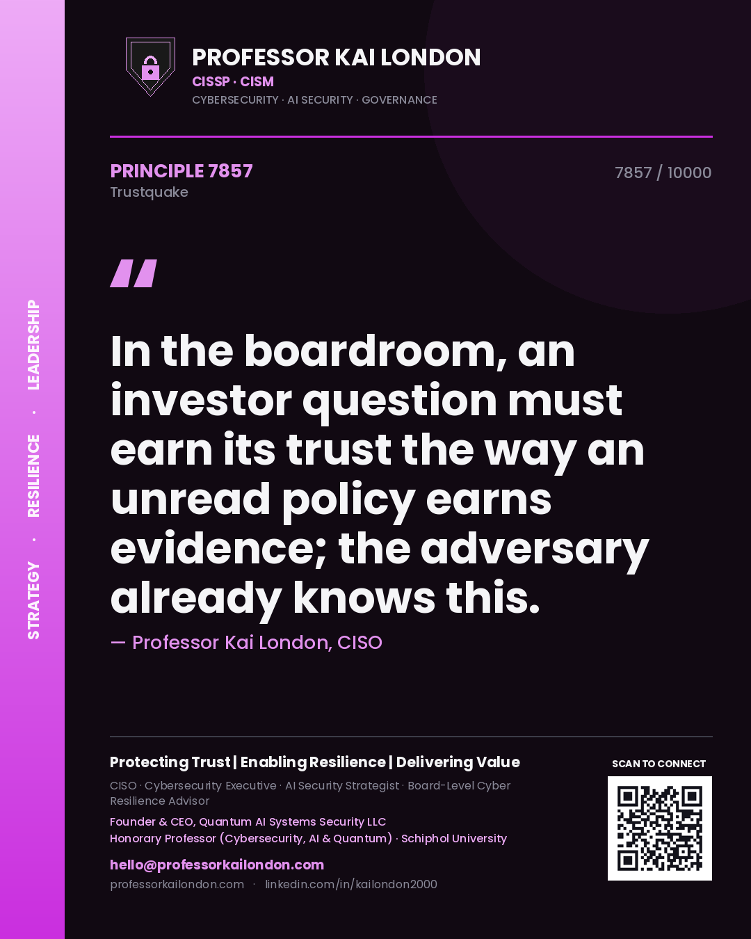Quote card by Professor Kai London reading 'In the boardroom, an investor question must earn its trust the way an unread policy earns evidence; the adversary already knows this.'. From the book Trustquake.