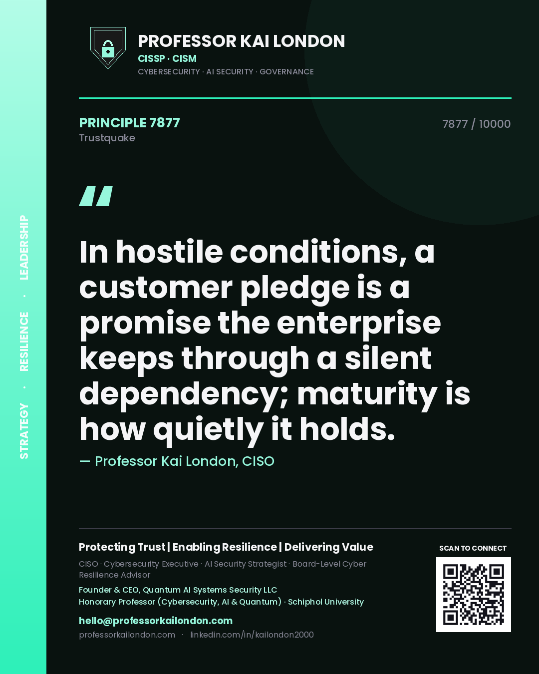 Professor Kai London principle 7877: In hostile conditions, a customer pledge is a promise the enterprise keeps through a silent dependency; maturity is how quietly it holds.