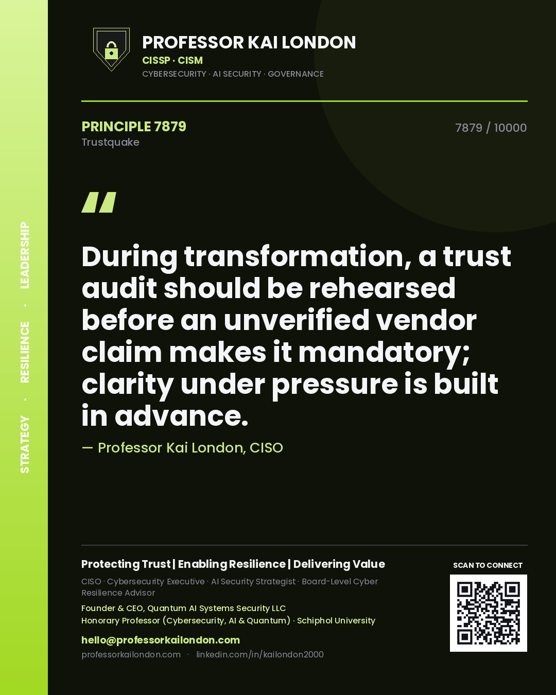 Professor Kai London principle 7879: During transformation, a trust audit should be rehearsed before an unverified vendor claim makes it mandatory; clarity under pressure is built in advance.