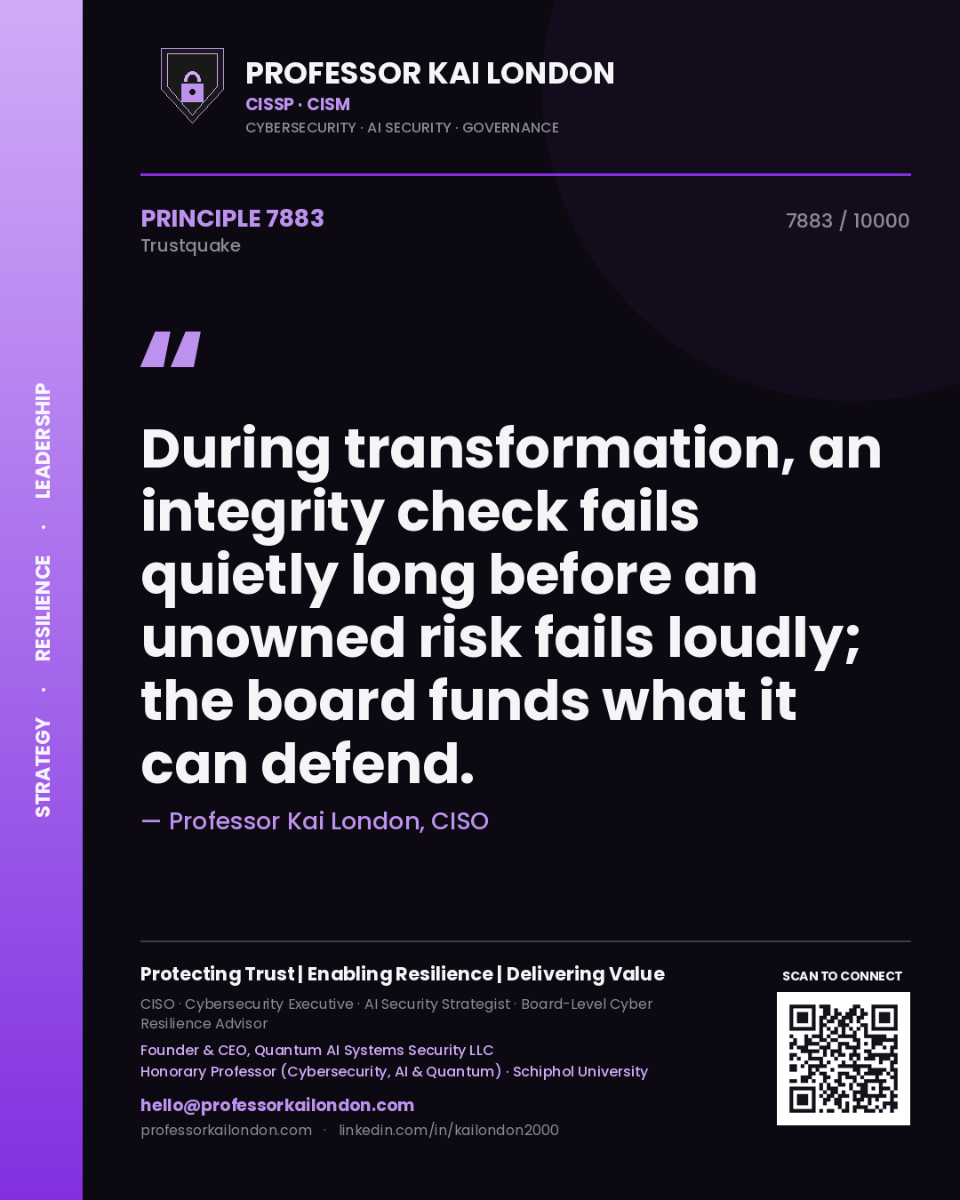 Professor Kai London principle 7883: During transformation, an integrity check fails quietly long before an unowned risk fails loudly; the board funds what it can defend.