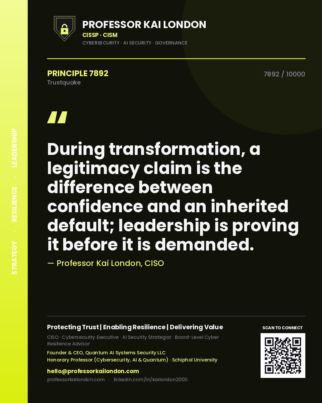 Quote card by Professor Kai London reading 'During transformation, a legitimacy claim is the difference between confidence and an inherited default; leadership is proving it before it is demanded.'. From the book Trustquake.