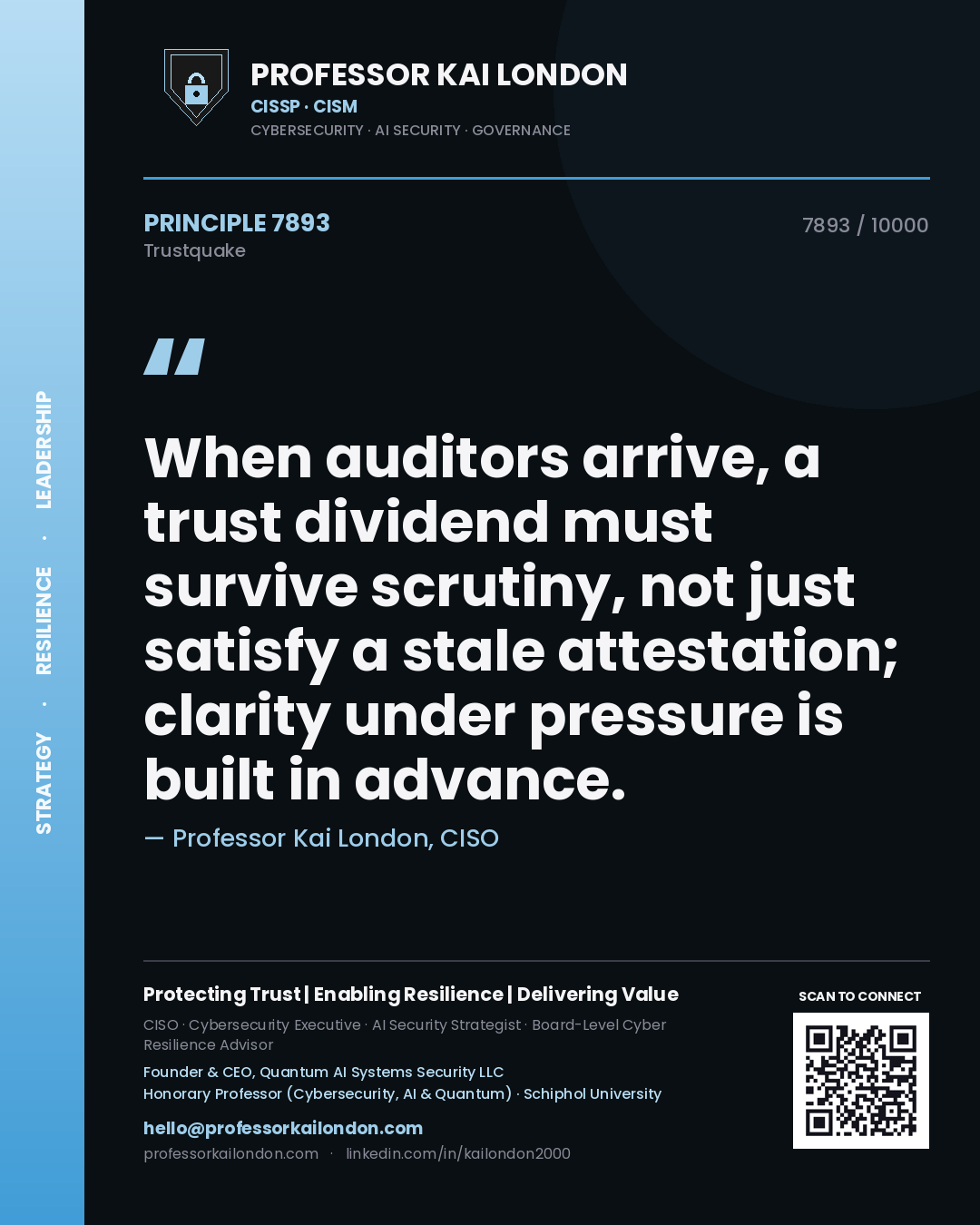 Quote card by Professor Kai London reading 'When auditors arrive, a trust dividend must survive scrutiny, not just satisfy a stale attestation; clarity under pressure is built in advance.'. From the book Trustquake.
