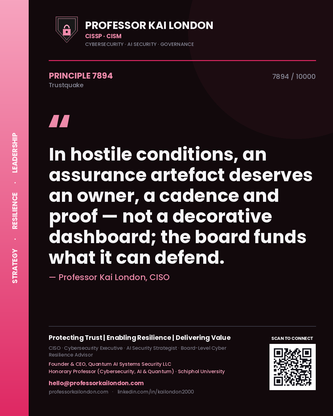 Professor Kai London principle 7894: In hostile conditions, an assurance artefact deserves an owner, a cadence and proof — not a decorative dashboard; the board funds what it can defend.