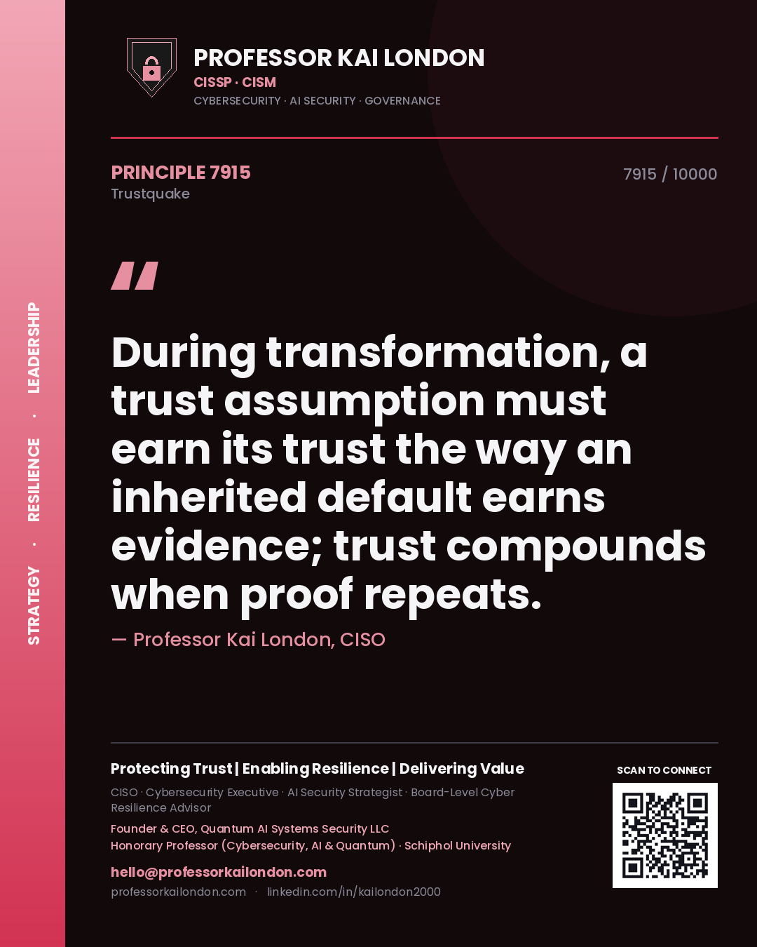 Quote card by Professor Kai London reading 'During transformation, a trust assumption must earn its trust the way an inherited default earns evidence; trust compounds when proof repeats.'. From the book Trustquake.