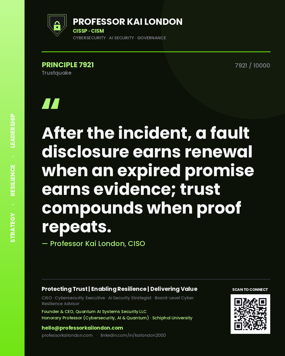 Quote card by Professor Kai London reading 'After the incident, a fault disclosure earns renewal when an expired promise earns evidence; trust compounds when proof repeats.'. From the book Trustquake.