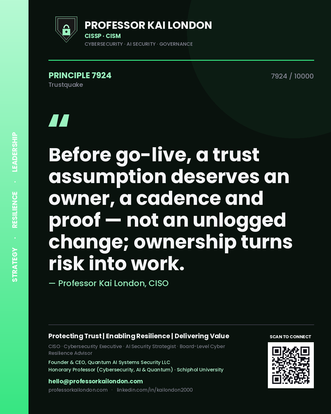 Professor Kai London principle 7924: Before go-live, a trust assumption deserves an owner, a cadence and proof — not an unlogged change; ownership turns risk into work.