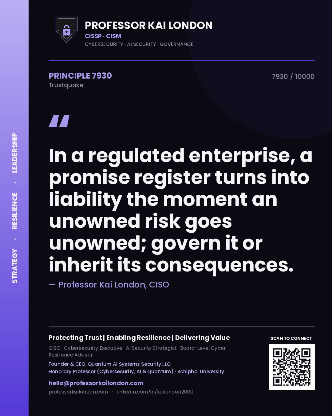 Quote card by Professor Kai London reading 'In a regulated enterprise, a promise register turns into liability the moment an unowned risk goes unowned; govern it or inherit its consequences.'. From the book Trustquake.