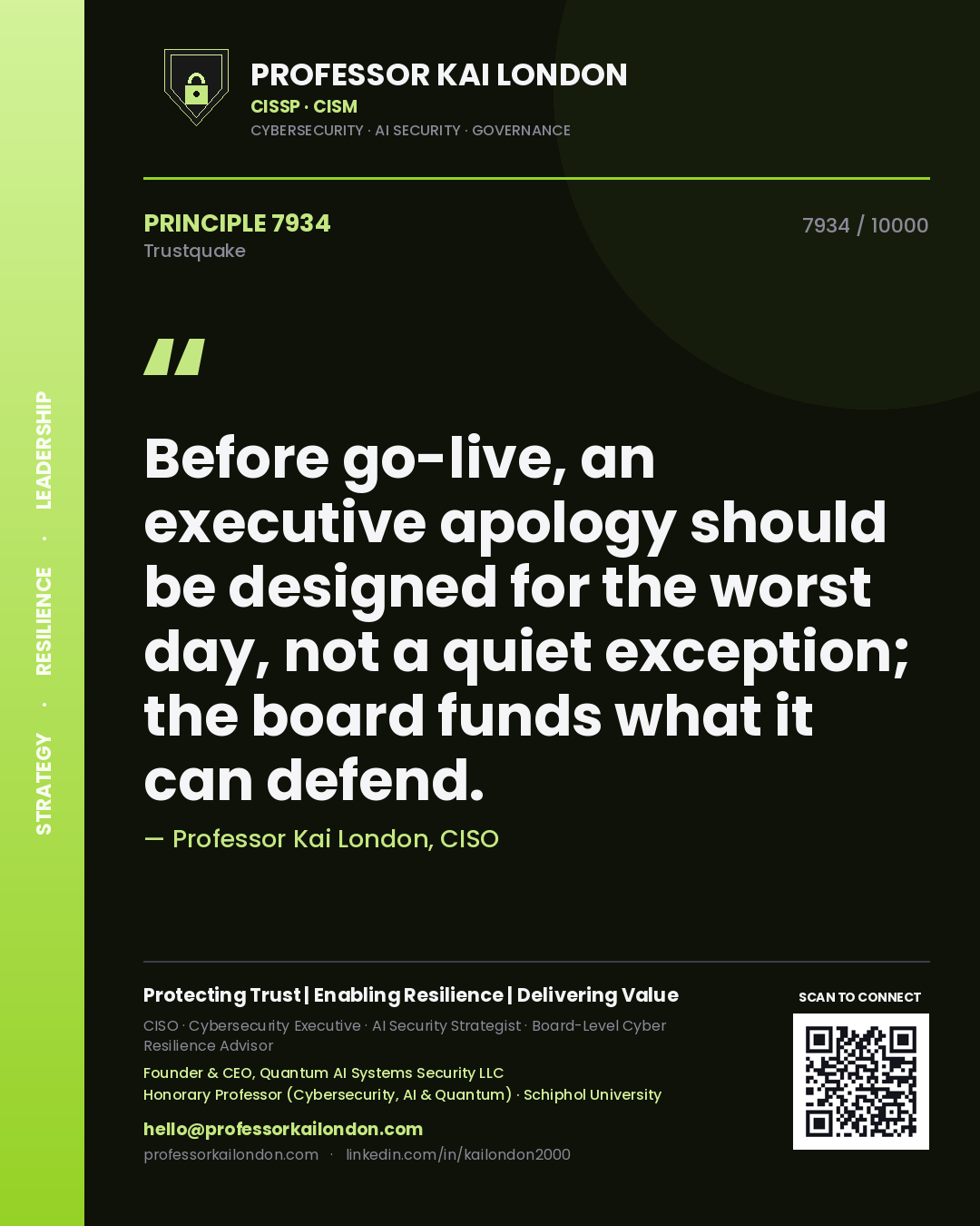 Quote card by Professor Kai London reading 'Before go-live, an executive apology should be designed for the worst day, not a quiet exception; the board funds what it can defend.'. From the book Trustquake.