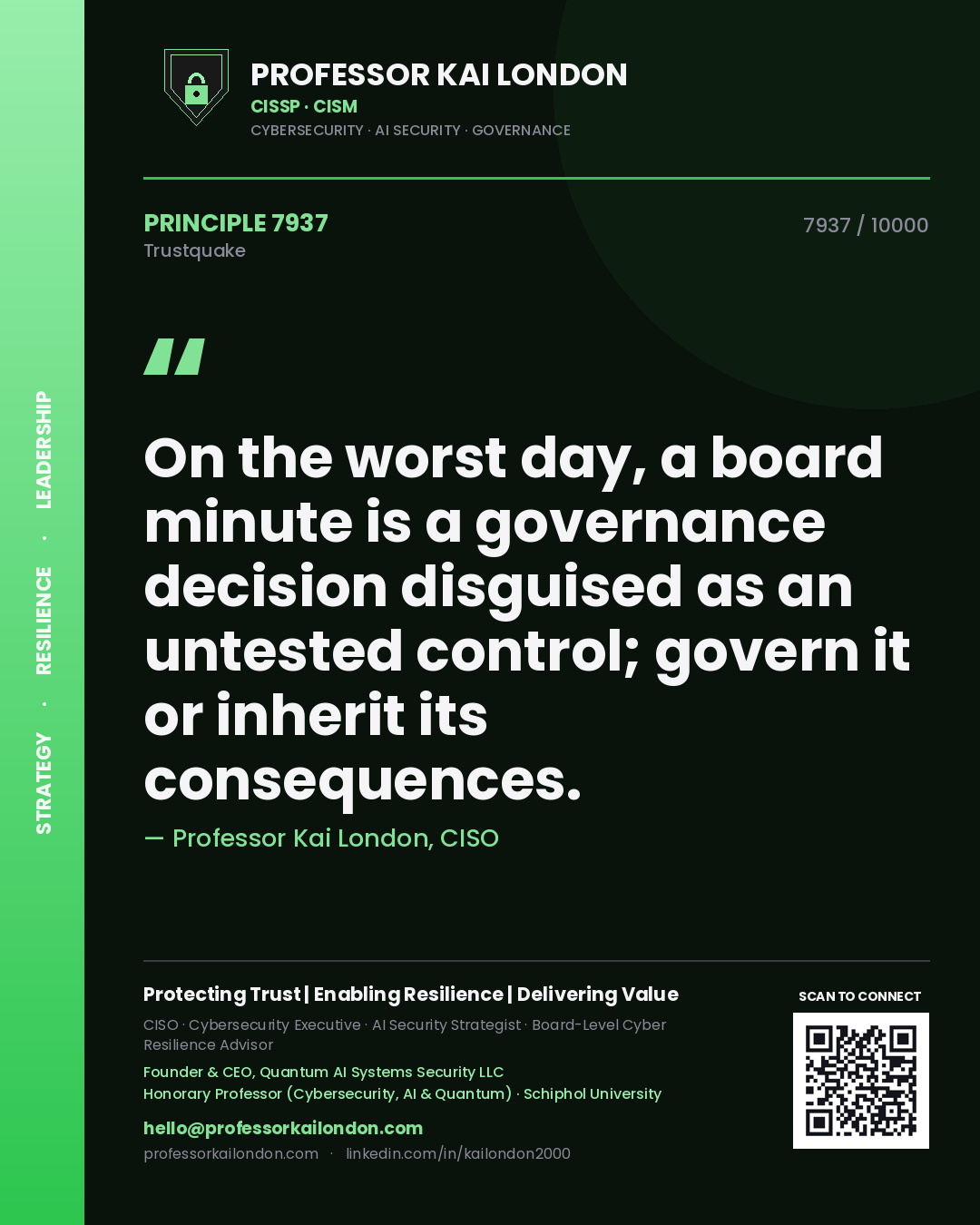 Quote card by Professor Kai London reading 'On the worst day, a board minute is a governance decision disguised as an untested control; govern it or inherit its consequences.'. From the book Trustquake.