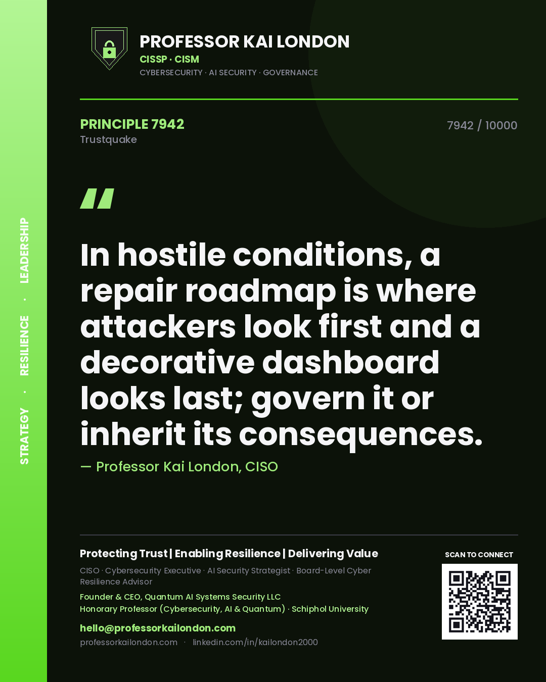 Quote card by Professor Kai London reading 'In hostile conditions, a repair roadmap is where attackers look first and a decorative dashboard looks last; govern it or inherit its consequences.'. From the book Trustquake.