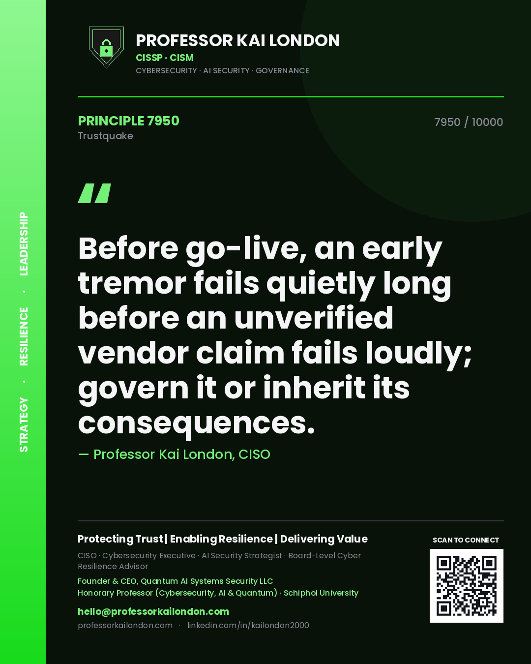 Quote card by Professor Kai London reading 'Before go-live, an early tremor fails quietly long before an unverified vendor claim fails loudly; govern it or inherit its consequences.'. From the book Trustquake.