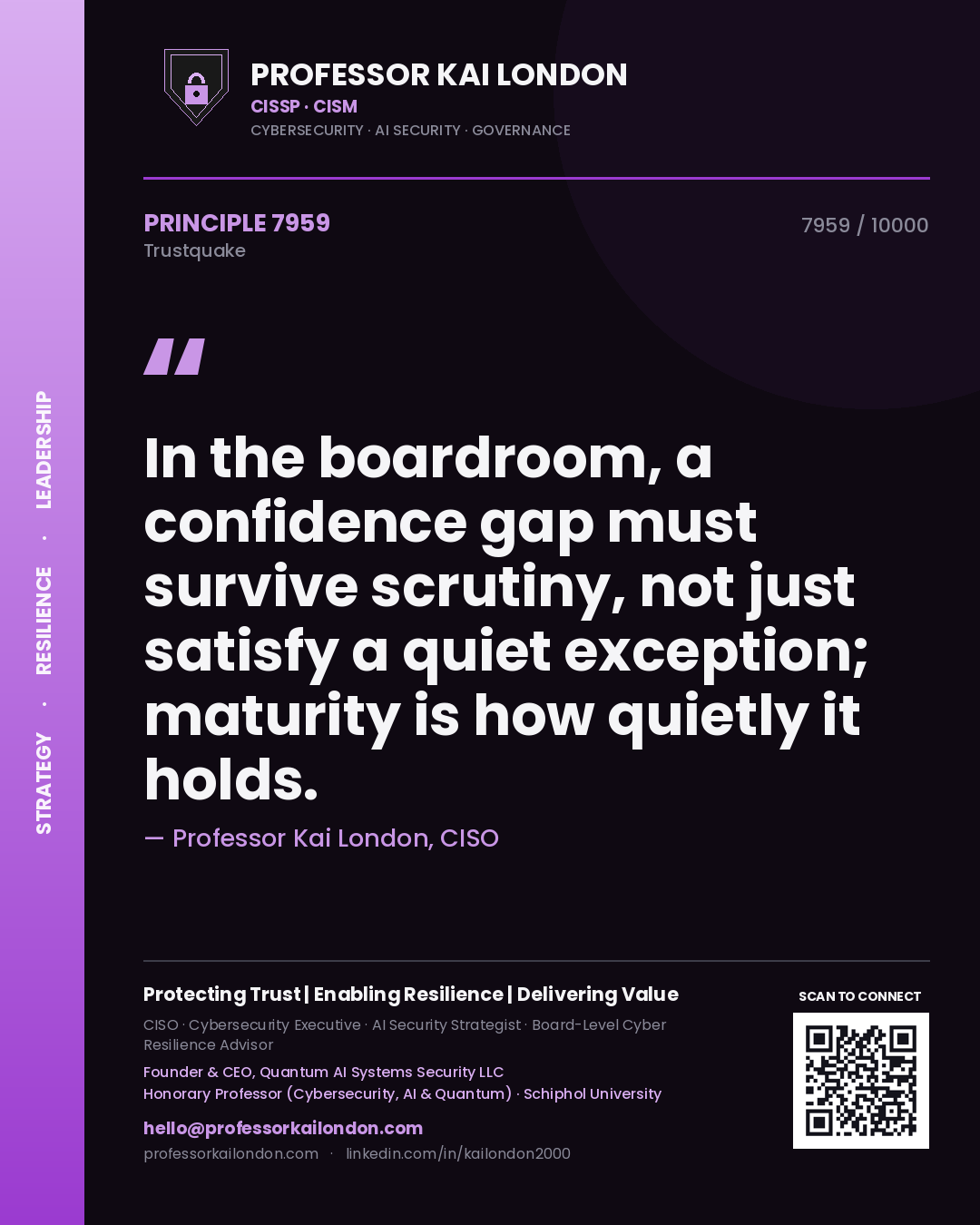 Quote card by Professor Kai London reading 'In the boardroom, a confidence gap must survive scrutiny, not just satisfy a quiet exception; maturity is how quietly it holds.'. From the book Trustquake.
